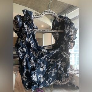 DO+BE Dark Blue White Floral Ruffle Short Sleeve Crop Top Medium